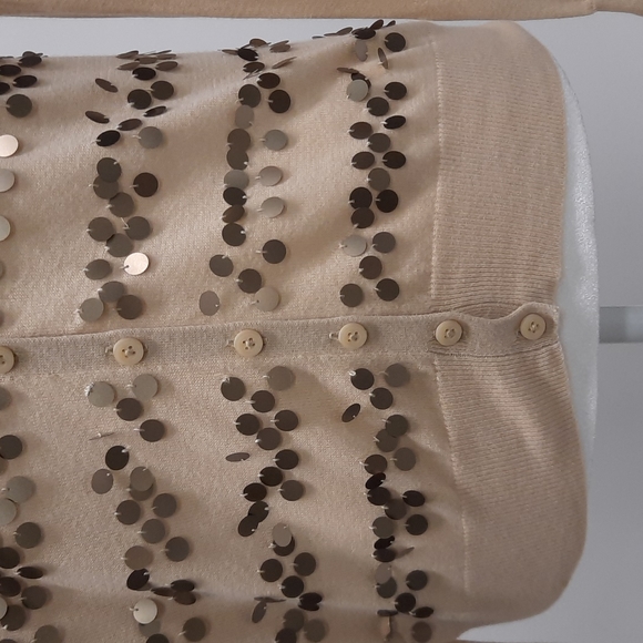 Moda International Beige V-Neck Cardigan with Bronze Sequins, Size S - Picture 3 of 6